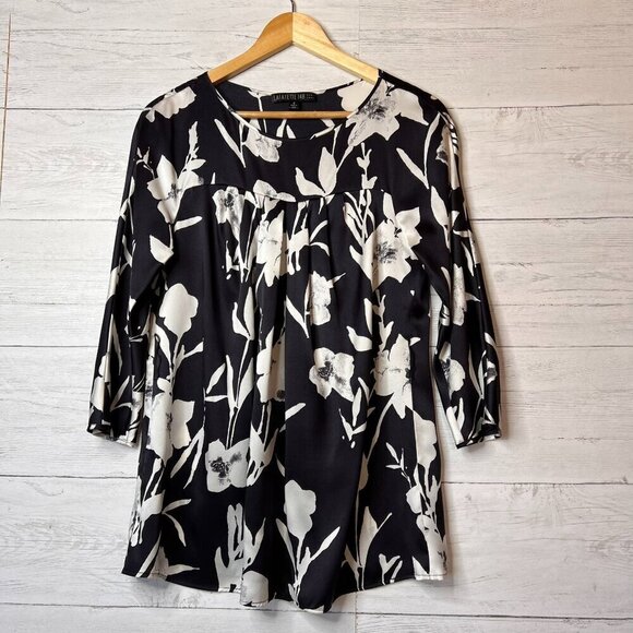 Lafayette 148 New York Blouse Womens SZ 6 Black & White Floral 100% Silk Natural - Picture 1 of 16